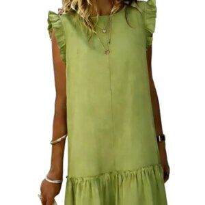 Light Olive Green Ruffle Hem Linen Dress